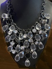 Vintage Silver Layered Clear Frosted Teardrop Statement Necklace Bib Style