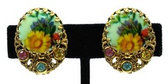 West Germany Rhinestone Earrings Floral Cabochon Signed Costume Jewelry Vintage