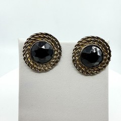 Black Faceted Cabochon Clip-On Earrings Silver Tone Rope Edge Gothic