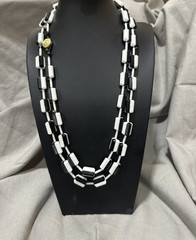 Vintage West Germany 48″ Black White Box Link Necklace Clip On Earrings READ