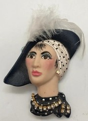 Vintage Flapper Lady Head Brooch Rhinestone Feather Art Deco Style Pin