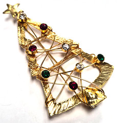 Vintage Open Wire Wrap & Multicolor Rhinestone Christmas Tree Pin / Brooch
