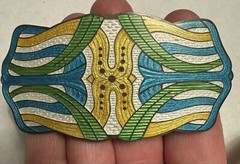 Gorgeous Antique Deco Large Sterling Blue Green White Yellow Enamel C-Clasp Pin