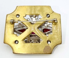 Signed 1940s McClelland Barclay Gold-Tone Ruby Red & Clear Rhinestone Pin