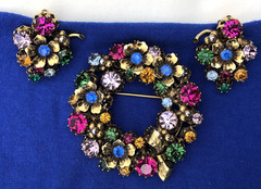 Vintage Austria Multi Color Rhinestones Flower Brooch & Clip Earrings Set