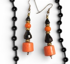 Vintage Coral Czech BEADED Earrings & Black Onyx Beaded Necklace-Estate Item