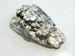 BIG VINTAGE FLORAL DRESS CLIP SILVER METAL LAYERED POPPY FLOWERS FANCY BACK R