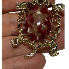 Gerry’s Turtle Brooch Gold Tone Red Lucite Cabochon Tortoise Vintage Pin