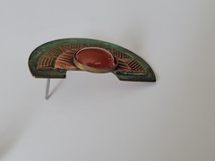 Vintage Mexico Style Carnelian Cabochon Brass Copoer Post Earrings 1.25″t×.75″w