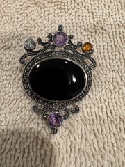 Vintage sterling silver brooch, large black onyx cabochon, marcasite gemstones