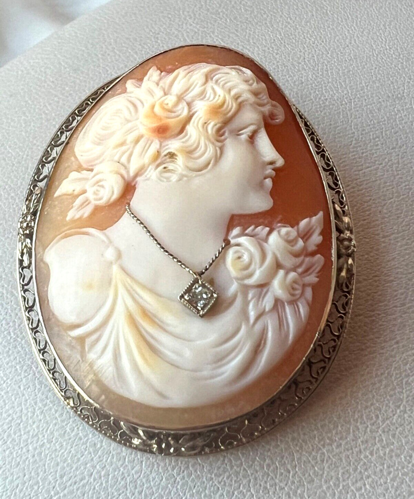 VINTAGE 14K WHITE GOLD LARGE SHELL CAMEO DIAMOND PIN BROOCH CONVERTABLE PENDANT