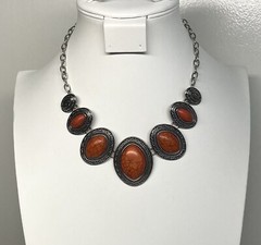 Orange Faux Howlite silver tone charm necklace 20”