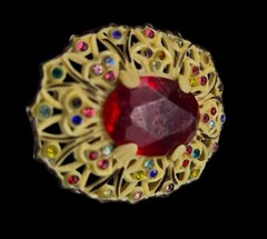 Vtg 1930s Art Deco Celluloid Filigree Brooch Central Red Stone Colorful Accents