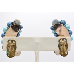 Japan Vintage Beaded Clip On Earrings Blue Crystal Cluster Chunky Signed BinU