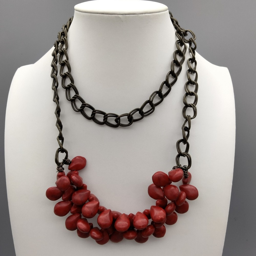 Red Genuine Stone Statement Necklace Beaded 30″ VTG Estate Healing Boho Chic