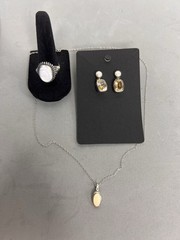 Vintage 925 Silver Lot: Rutilated Quartz Pearl Earrings Cameo Ring Shell Necklac