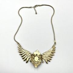 VTG Retro Gold Tone Phoenix Wing Necklace Sage Green & Amber Tone Boho Statement