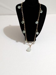 Vintage Faux Aquamarine Station Beads & Gold Tone Cable Link Chain Necklace. 29″