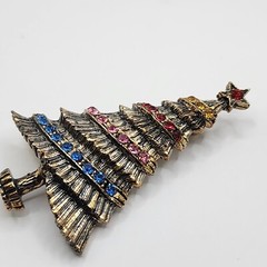 Vintage B.J. Christmas Tree Brooch Rhinestone Signed