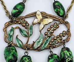 Art Nouveau Statement Bib Necklace Enamel Butterfly Lava Glass REPURPOSED
