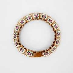 Vintage Hand Painted Enamel Panel Bracelet Pink Roses on White, Book Chain 6.75″