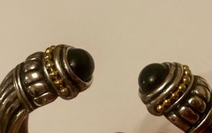 Vintage Silver Tone & Gold Tone Bracelet Black Onyx Striped Hinged Cuff