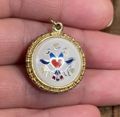 Vintage double sided bird pendant gold tone red white blue