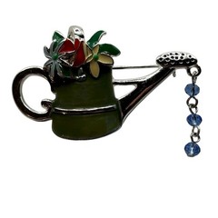 Watering Can Brooch Pin Green Enamel Floral Blue Dangle Beads Gardening Nature