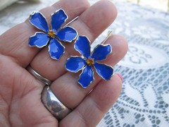Vintage silver tone Blue enamel flower French wire Earrings orange rhinestones