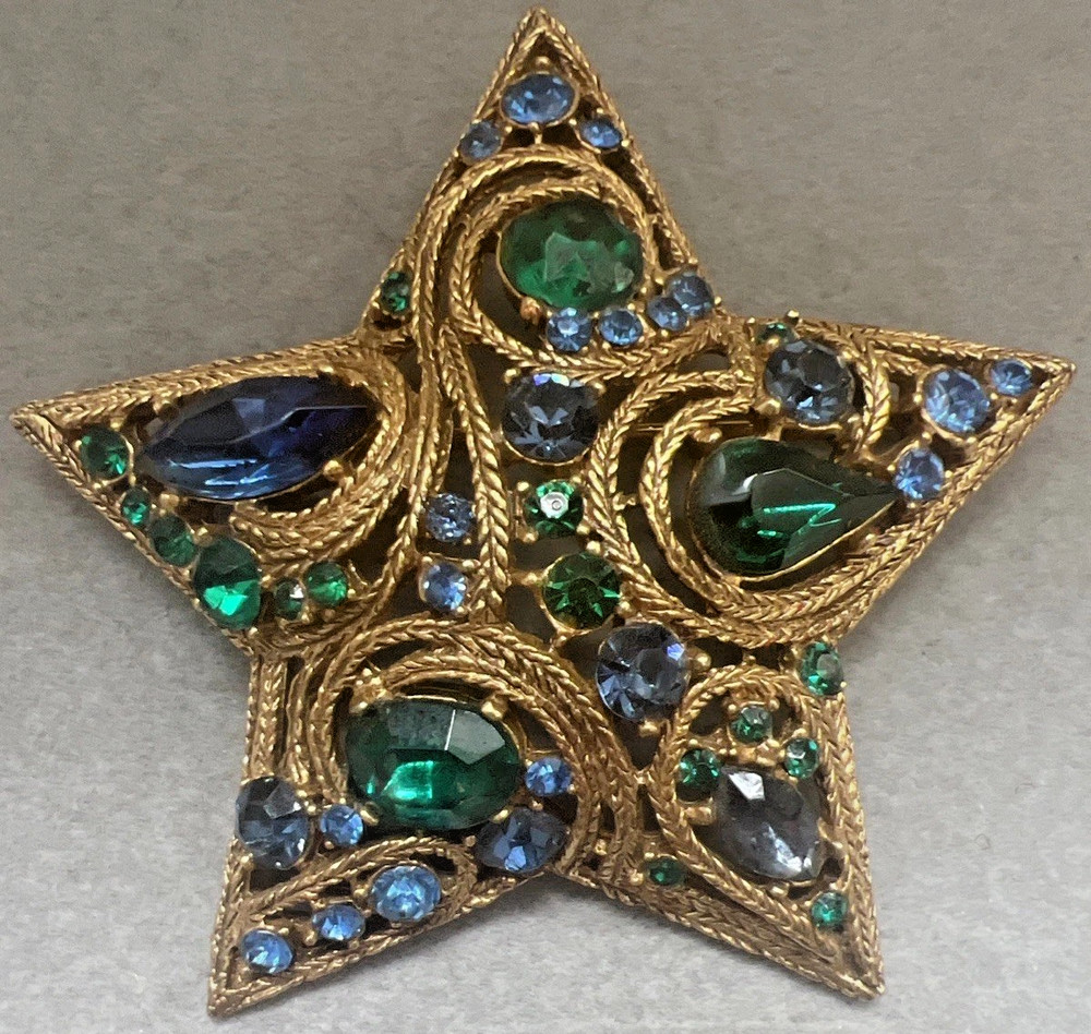 LaRoco La Roco Domed Paisley Rhinestone Star Brooch Pin Greens & Blues