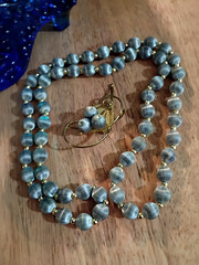 Mid-Century 2-Piece Set Grey Silk Wrapped Bead Necklace & Filigree Berry Brooch