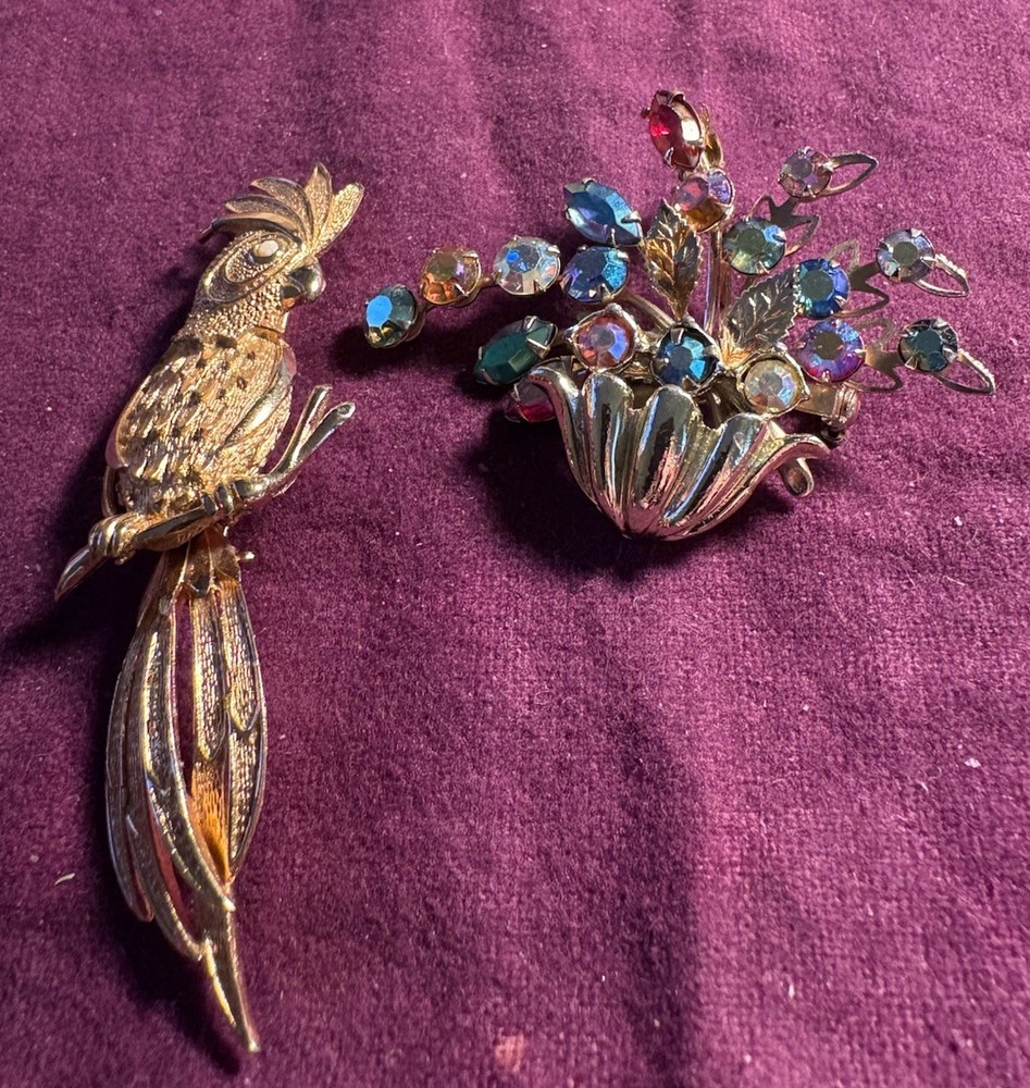 Lot Of Two: Vtg Hobe Parrot, Rhinestone Basket Flower Brooches