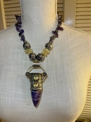 Crystal Necklace Amethyst Amber Color Unk Origin Huge Swing Pendant Handcrafted