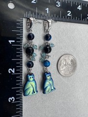 2.9″ Long Black Blue Agate Fluorite Cat Dangle Earrings