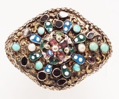 Antique 1890’s Austro Hungarian Almandine Garnet, Enamel, Turquoise Pearl Brooch