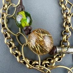Vintage Chunky Bracelet Art Glass Wedding Cake Multi Chain Leather Gold Tone 6.5