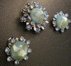 Vintage Cabochon Brooch Pin Earring Set Blue Green Artsy Stone Rhinestones