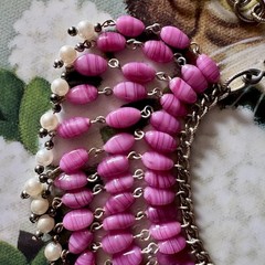 Vintage Pink Art Glass Faux Pearl Fringe Bib Statement Necklace Dramatic Runway
