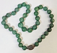 vtg Large Beads Knotted Jade Jadeite Beaded Necklace Filigree Silver Clasp 110g