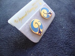 VINTAGE SAMUEL HUANG DESIGNER CLOISONNE PHOENIX COBALT & BLUE ENAMEL EARRINGS