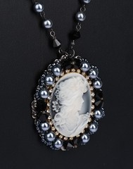 Vintage Cameo Necklace Blue Faux Pearl Black Bead Rhinestone 23″