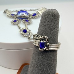 Vintage Silver Tone Slave Bracelet Ring Set Blue Cabochon Stone Boho Filigree