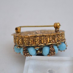 Austria Turquoise Bead Rhinestone Brooch Filigree 34mm Vintage 1950s