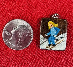 Hand Painted Wood Picture Ski Pendant Swiss Made R Weiss Skiing 1950s Collector