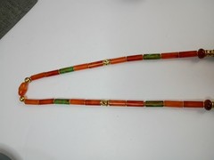 28″ Vintage Plastic Bead Stone Necklace Gold Tone Accent Beads Layer Orange Gree