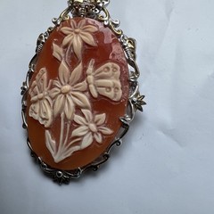 Vintage Cameo Brooch Pin Pendant Butterfly Floral 18K Gold Over Sterling Silver
