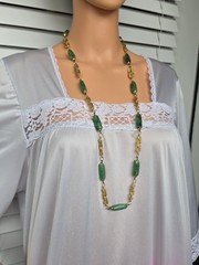 Vintage Asian Export Green Faux Jade Lucite Long Necklace Geometric Links 36.5″