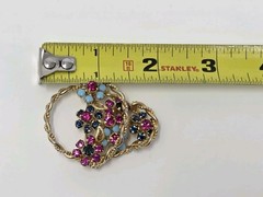 Pink Blue Rhinestone Flower Basket Brooch Pin Gold Tone Vintage 2 Inch Unsigned