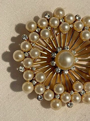 Vintage (1955-69) Crown Trifari+ C Pearl & Rhinestones Brooch 2 Inches Used