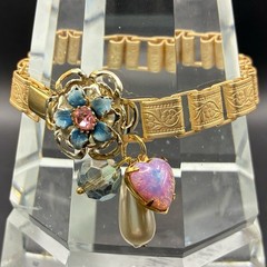 Vintage Faux Opal Heart,AB Bead & Pearl Charms,New Victorian Book Chain Bracelet